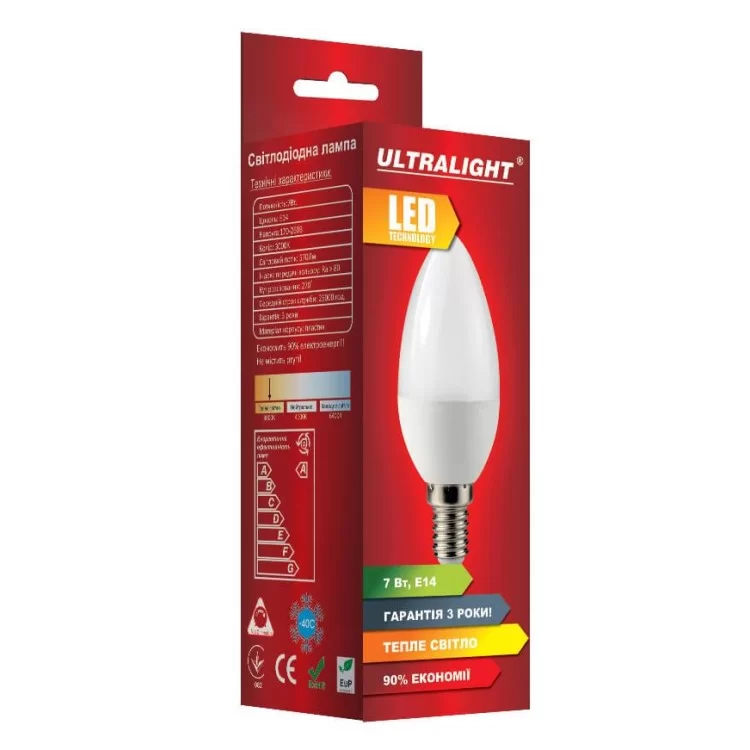 Лампочка Ultralight 7Вт 3000К E14 свеча цена 34грн - фотография 2
