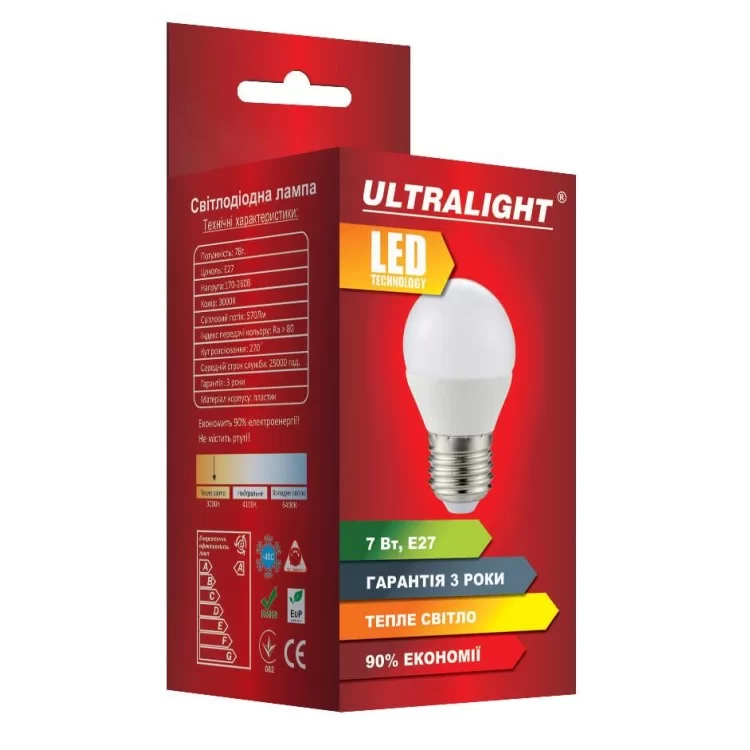 Лампочка Ultralight 7Вт 3000К E27 49139 ціна 34грн - фотографія 2
