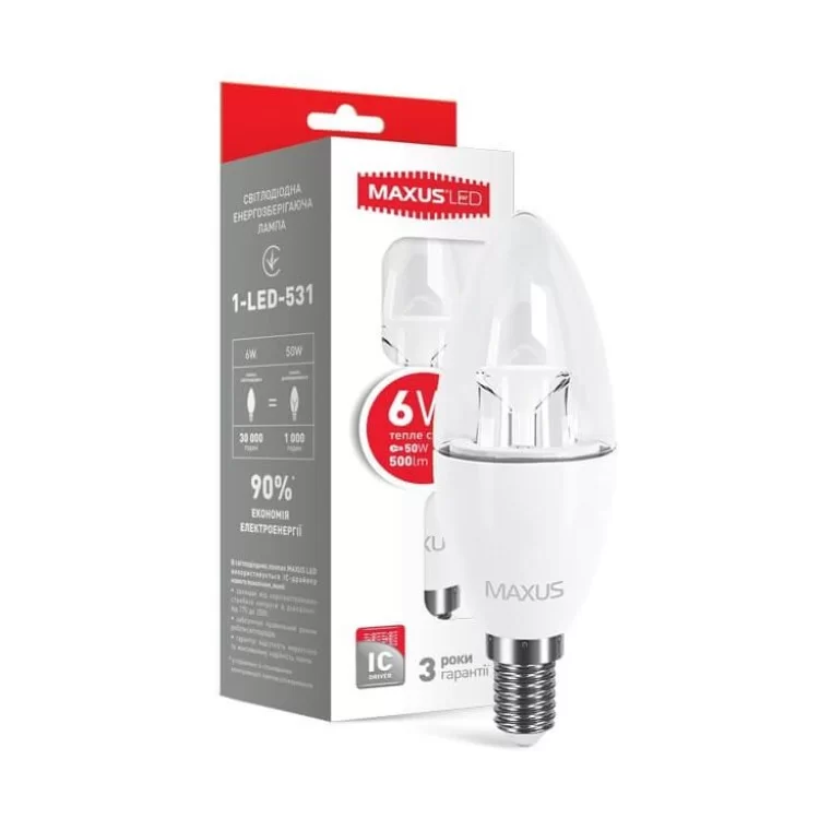 Светодиодная лампа свеча Maxus CL-C C37 6Вт 4100K 220В E14 в прозрачной колбе (1-LED-532) цена 52грн - фотография 2