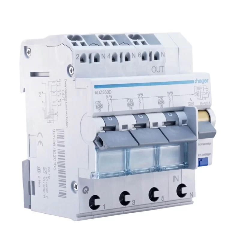 Диференційний автоматичний вимикач Hager ADZ360D, C10А, 30мА