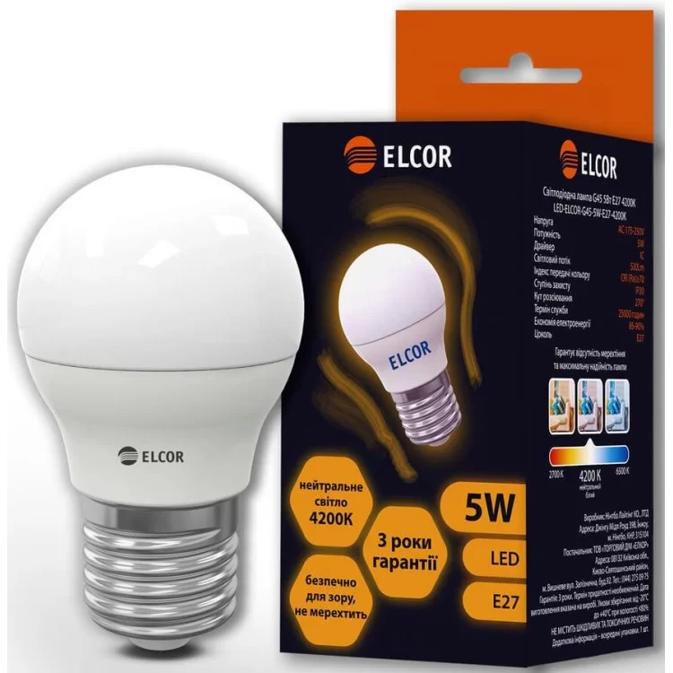 Светодиодная LED лампа ELCOR 534303 Е27 G45 5Вт 4200K цена 53грн - фотография 2
