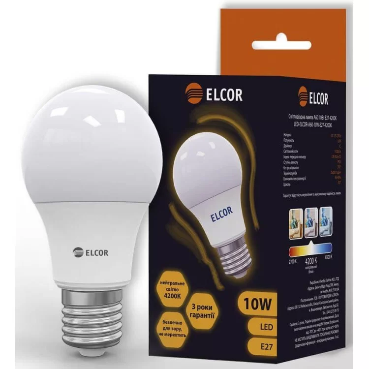 Светодиодная LED лампа ELCOR 534306 Е27 А60 10Вт 1030Лм цена 61грн - фотография 2