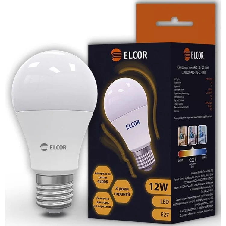 Светодиодная LED лампа ELCOR 534307 Е27 А60 12Вт 1280Лм цена 66грн - фотография 2