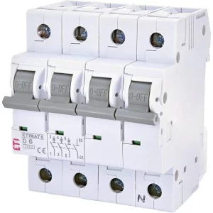 Автоматический выключатель ETI 002165512 ETIMAT 6 3p+N D 6А (6 kA)