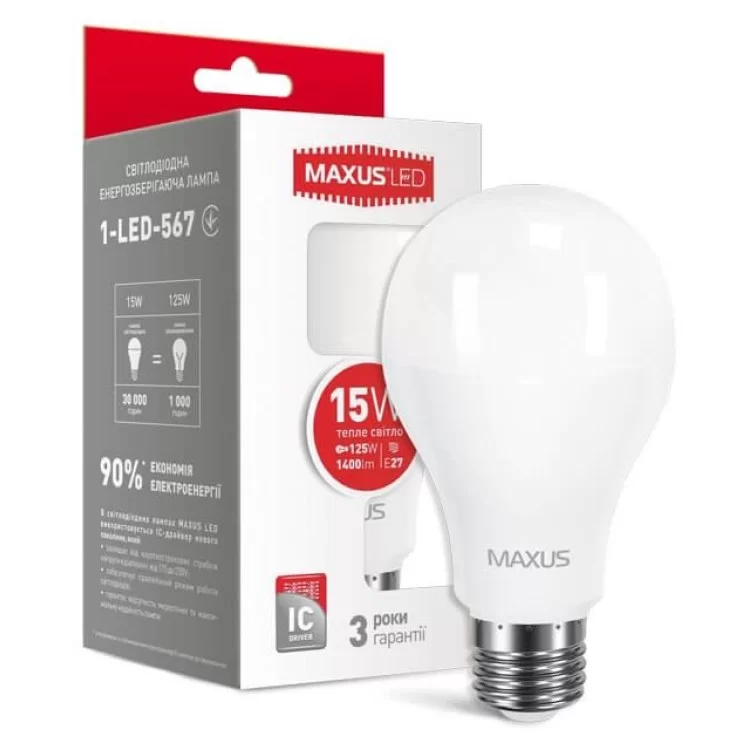 Светодиодная лампа груша Maxus A70 15Вт 3000K 220В E27 (1-LED-567) цена 65грн - фотография 2