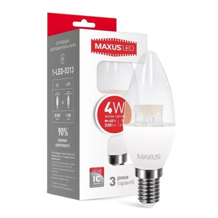 Светодиодная лампа свеча Maxus CL-C C37 4Вт 3000K 220В E14 в прозрачной колбе (1-LED-5313) цена 31грн - фотография 2