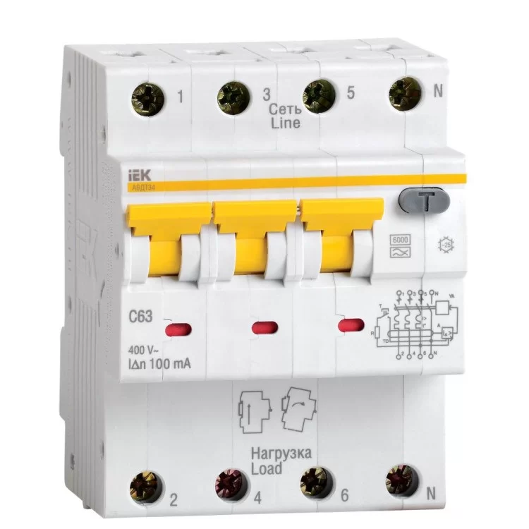 Дифференциальный выключатель тока IEK АВДТ34 C63 100мА (MAD22-6-063-C-100)