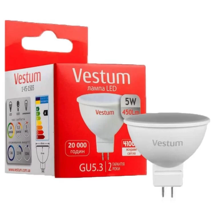 Лампа LED Vestum MR16 5Вт 4100K GU5.3 ціна 39грн - фотографія 2