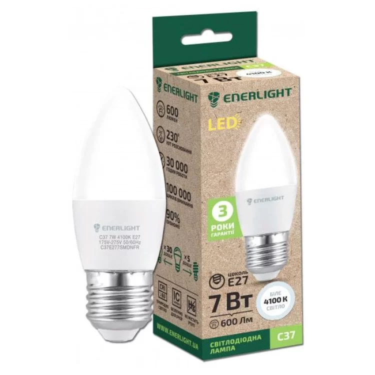 Лампа світлодіодна С37 7Вт 4100K E27 ENERLIGHT ціна 1грн - фотографія 2