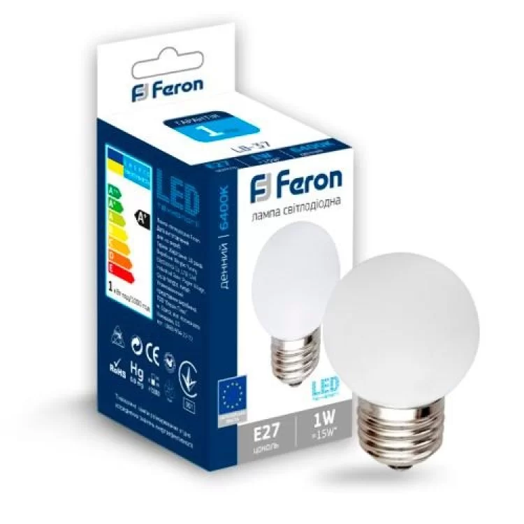 Лампа светодиодная шар G45 1W E27 6400K LB-37 Feron цена 30грн - фотография 2