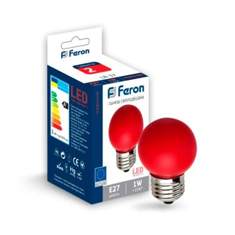 Лампа светодиодная шар G45 1W E27 красная LB-37 Feron цена 30грн - фотография 2