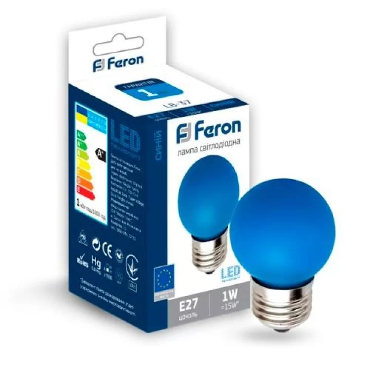 Лампа светодиодная шар G45 1W E27 синяя LB-37 Feron цена 30грн - фотография 2