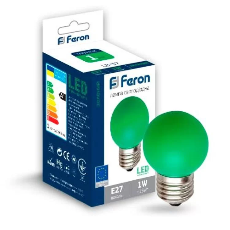 Лампа светодиодная шар G45 1W E27 зеленая LB-37 Feron цена 30грн - фотография 2